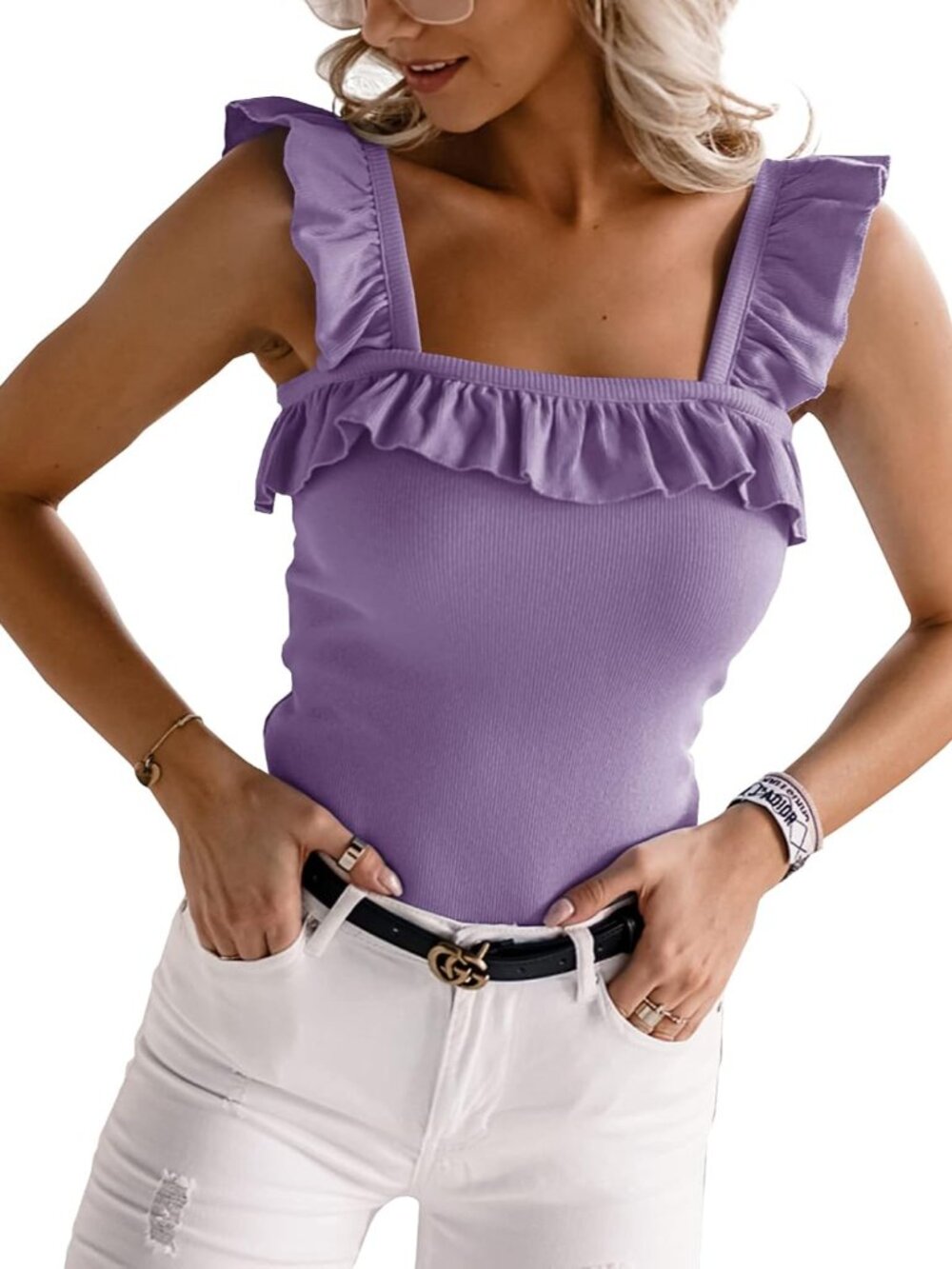 Womens Cute Ruffle Strap Tank Tops Sleeveless Square Neck Knitted Camisole